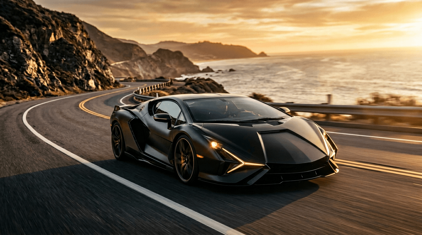 Cinematic supercar on a coastal highway at golden hour
